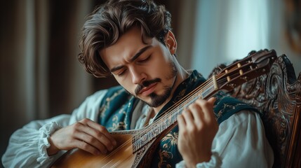 Young Renaissance Man with dark hair playing a lute instrument with focused expression, wearing historical costume, baroque ornate interior, soft dramatic lighting, detailed portrait