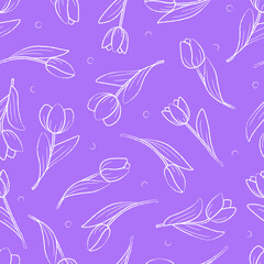 Seamless pattern of tulip flowers. Botanical background for gift wrapping, textiles, or wallpaper. Hand drawn outline in chalk.