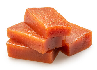 Quince paste cubes or quince marmalade cubes on white background. File contains clipping paths.