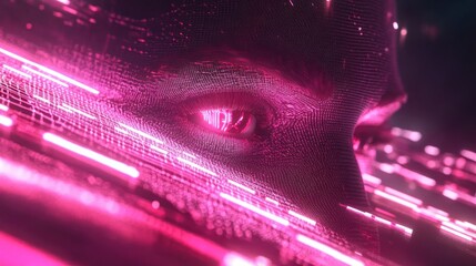 Close-up of a digital face with glowing pink lines and a vibrant eye