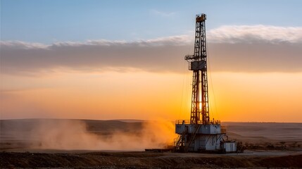 A drilling rig stands silhouetted against a dramatic sunset in a dusty arid landscape symbolizing industrial activity and resource extraction
