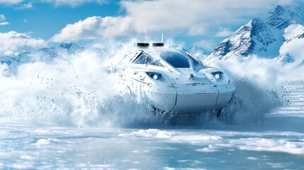 Futuristic white vehicle speeds across icy landscape