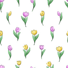 Seamless pattern of tulip flowers. Botanical spring background for gift wrapping, textiles, or wallpaper.