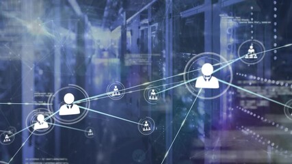 Animation of network of connections with icons and data processing over computer servers - Powered by Adobe