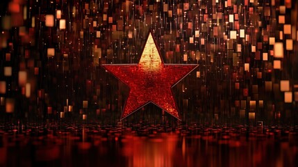 Red star graphic on a dark background with shimmering particles