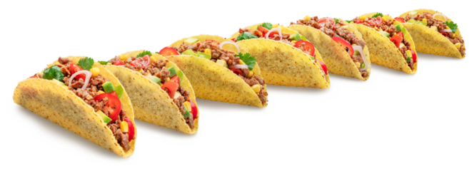 Row of Mexican meat tacos or beef stuffed tortillas isolated on white background. File contains clipping path.