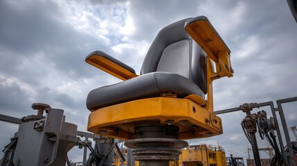 Close up of a heavy duty yellow and black operator s seat on industrial hinery against a cloudy sky