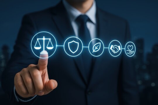 Navigating Ethics: A composed business executive, poised in a sharp suit, navigates ethical considerations, touching upon illuminated symbols of justice, integrity.