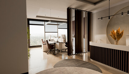 Modern open office interior with reception desk and stylish design