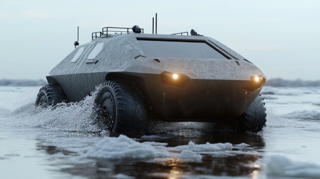 Gray all-terrain vehicle drives through icy water
