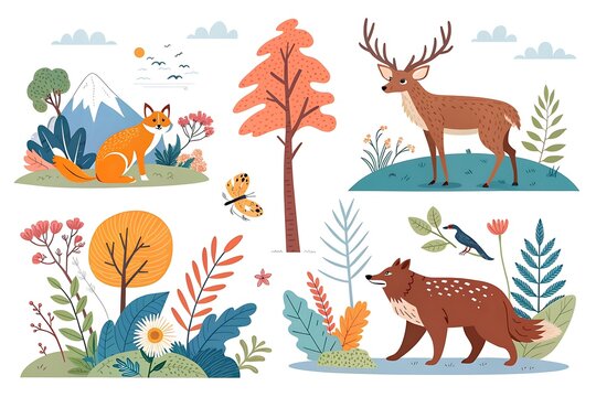 Set of four different animals in a forest scene
