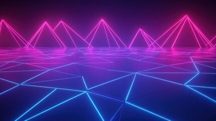 Abstract neon triangles and pyramids in a dark space