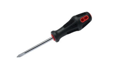 Isolated shot of a flathead screwdriver with a black and red textured handle