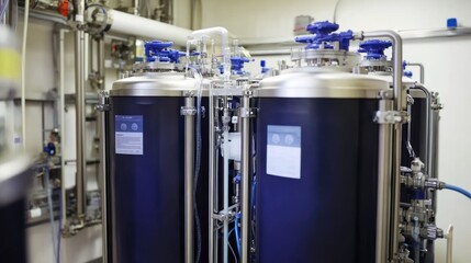 Industrial tanks in a factory setting. Metal tanks, various pipes, and valves