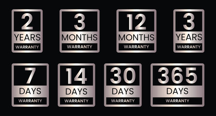 Obraz premium Warranty years months days hours logo, badge, icon, sticker, label, emblem, stamp, symbol, black, golden, flat vector, isolated illustration.