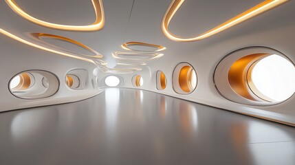 Futuristic white interior with golden accents