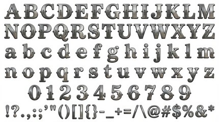 Fototapeta premium font alphabet in brushed metal style from a to z numbers punctuation isolated on white background