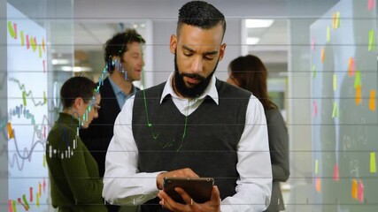 Animation of financial data processing over businessman using digital tablet at office - Powered by Adobe