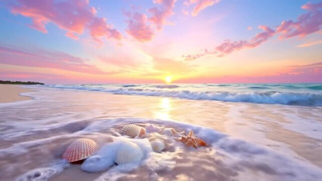 Beautiful beach sunset with seashells and ocean waves.