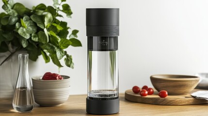 Modern water bottle on wooden surface with plants and bowls