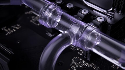 Close-up of transparent liquid cooling tubing on a circuit board