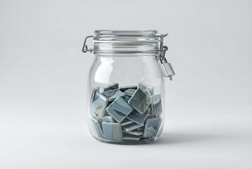 Glass jar secured with padlock filled with blue square tiles on white background