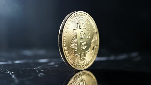 Bitcoin coin rotating reflection in dark studio video.
