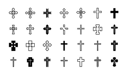 Modern Christian cross icon grid with decorative religious faith symbols in clean vector style