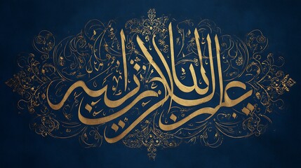 Gold arabic calligraphy on dark blue background with ornate gold text ornate floral patterns