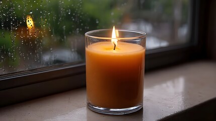 A lit candle in a glass holder casts a warm gentle glow on a window sill during a rainy day with water droplets on the glass