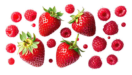 Isolated shot of strawberries and raspberries arranged on a black background