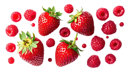 Isolated shot of strawberries and raspberries arranged on a black background