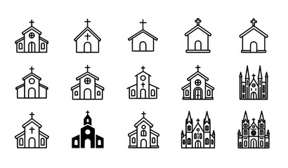 Church and chapel icon grid with religious building symbols in modern line and filled vector design