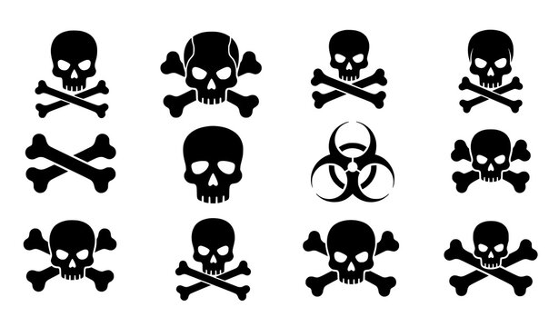 Skull and crossbones silhouette icon collection with danger and pirate symbols in solid black vector design