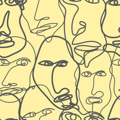 Seamless Abstract Face Line Art Pattern in Yellow