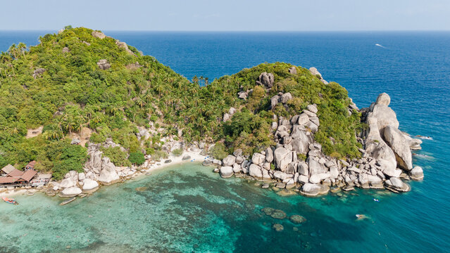 Aerial view of lush green vegetation contrasting with white rocks and turquoise waters meeting the shore, Ko Tao, Surat Thani, Thailand.