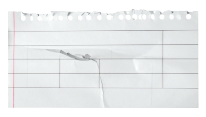 Isolated torn piece of lined paper with holes along the top and a red margin