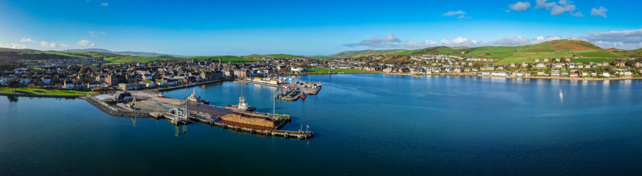 a panoramic view of Campbeltown, a town in Argyll and Bute, Scotland, situated on a deep bay at the end of the Kintyre Peninsula.