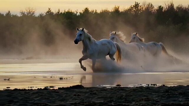 4K cinematic video of wild white Camargue horses galloping shallow water dawn, low morning mist rising, golden sunlight reflecting water splashes, wet sand reflecting horses, slow-motion muscular hors