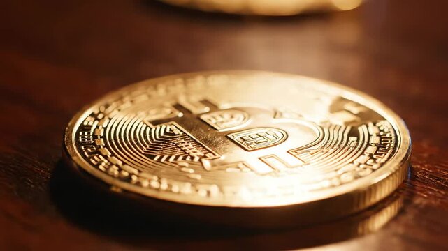 Close Up Bitcoin Coins on Wooden Table in Focus.
