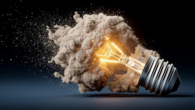 Light bulb bursting through a cloud of dust and debris, showcasing a dynamic explosion of energy and illumination, revealing intricate filament details and metallic base in vivid motion