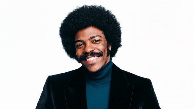 Stylish portrait of smiling man with afro hairstyle on neutral background expressing confidence personality diversity and positive modern identity