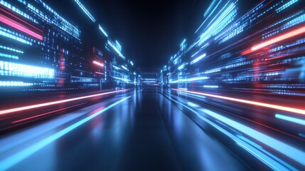 Futuristic tunnel with vibrant digital code streaks