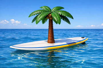 A plastic palm tree serves as a parasol on a surfboard floating in the ocean.