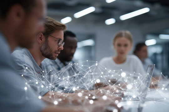 Team works at laptops as data network overlay shows digital collaboration. - Powered by Adobe