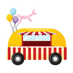 Cartoon food caravan with serving window, wheels, canopy, decorative balloons, perfect for fast food festival posters