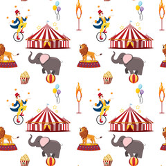 Repeating circus elements pattern featuring performers, animals, big top tents, snack icons on clean backdrop