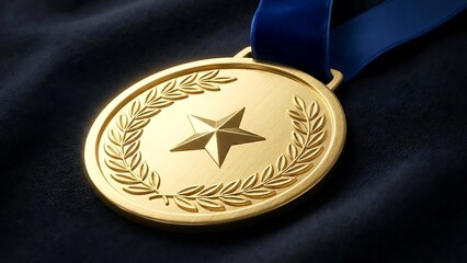 Gold medal with star and laurel wreath on blue ribbon achievement