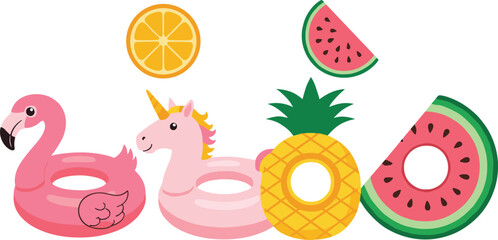 Summer pool float vector set with flamingo, unicorn, pineapple, watermelon, and citrus inflatables in flat colorful illustration style
