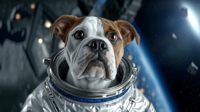 Astronaut dog in space suit gazing at distant planets and floating asteroids, showcasing a unique blend of adventure and imagination in a cosmic environment with stunning visual details